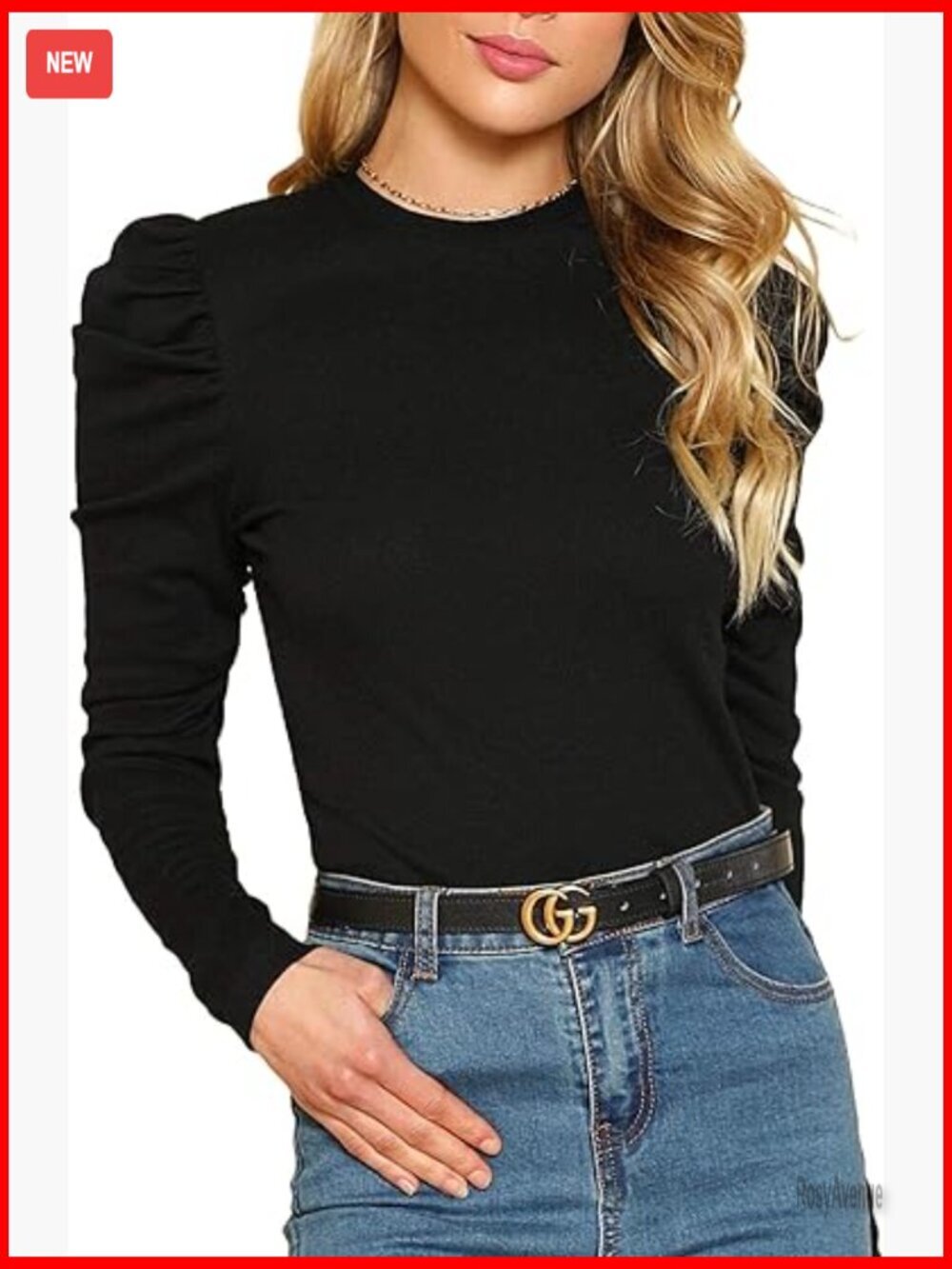 Slim Fit Puff Sleeve Long Sleeve T-Shirt Ribbed Knit Crew Neck Top